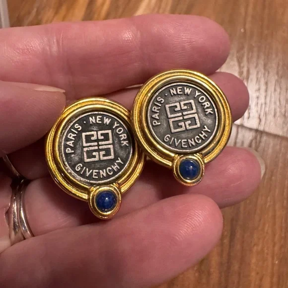 🚨 RARE!! LIMITED EDITION VINTAGE Givenchy Gold Clip-On Earrings with Blue Detail